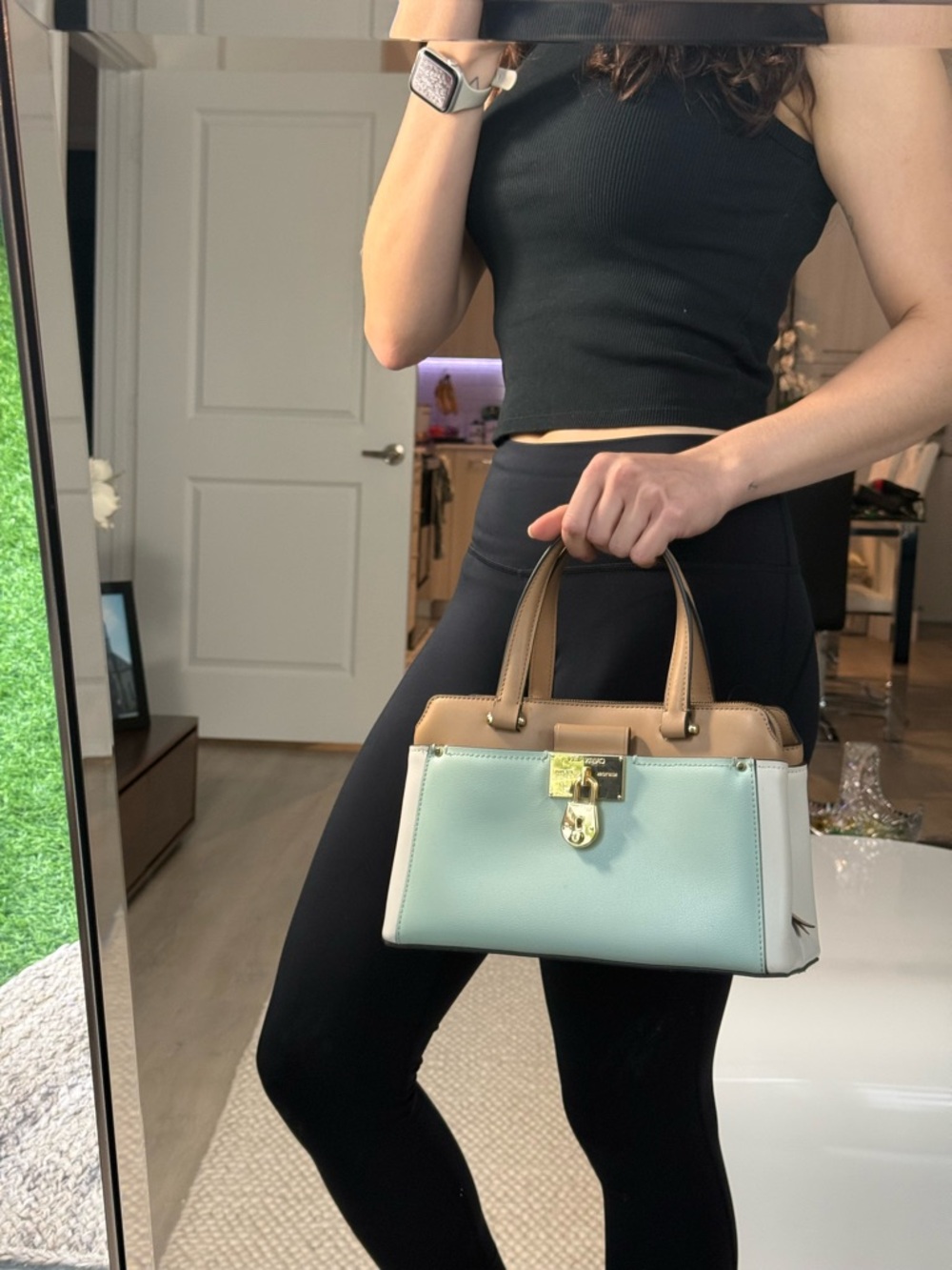 Calvin Klein Camille Lock Satchel Beige/Mint Green - Picture 6 of 16